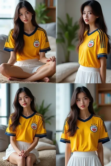 "Create a collage of four images featuring the same young woman with long, dark hair styled naturally, wearing a Fenerbahçe football club jersey (yellow and navy blue stripes) paired with a white pleated tennis skirt. Her outfit is sporty, casual, and fres...