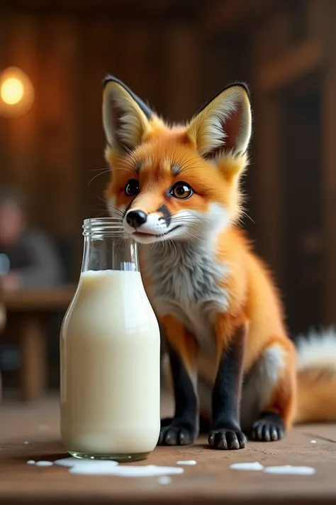 Photo of a fox sucking milk from a glass milk bottle