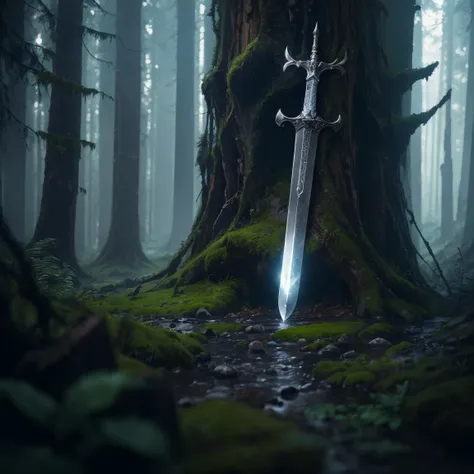 Sword stuck in stone, forest, moss, high Details, Cinematic Lighting, 