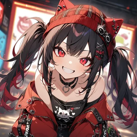  1 girl,  black hair, Twin Tails ,  red eyes,  smiles,  punk fashion、plaid red 　 knit hat cat ears 　 choker 