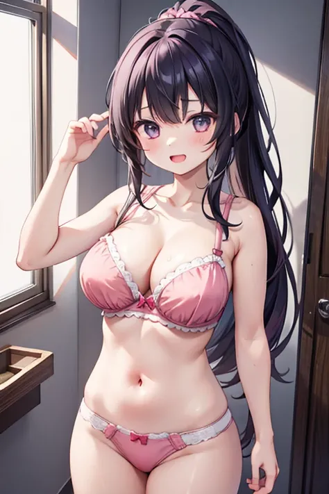 1 girl, anime screencap,score_anime, best quality, masterpiece, 8K, high res, cute, shiny skin,pink bra, (navel:1.2), midriff, bare stomach, pink panties, huge breasts, long hair, black hair, ponytail, black eyes, hand on hair, smile, open mouth, changing ...