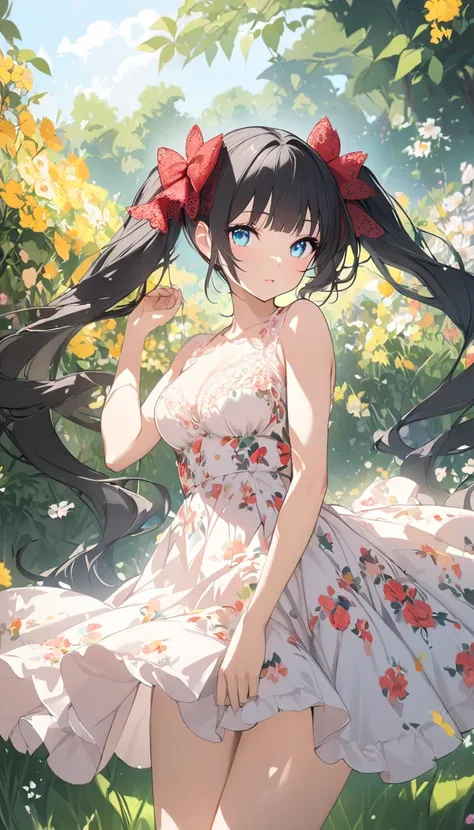 In a garden full of blooming flowers,  in the sun , A girl in a floral dress is dancing、( slim、1 person, cute young woman,  medium breasts, black hair、 twin tail hair 、Long side bangs、Azure Eyes、red large lace hair bow),delicate beautiful eyes , high defin...