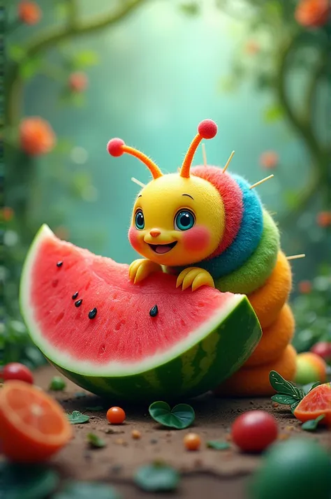 Draw the caterpillar munching on a big, juicy watermelon! The colors are so bright, and you can almost see how happy he is while eating. 
