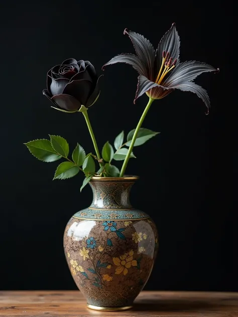 an exquisite ceramic vase,The vase is covered with exquisite patterns ，A black rose in a vase,  in a vase , Exquisite matching &#39;It has ,  a spider lily flower placed in a vase ,  filled with water ，Put it on a dark background, Still Life Photography， H...