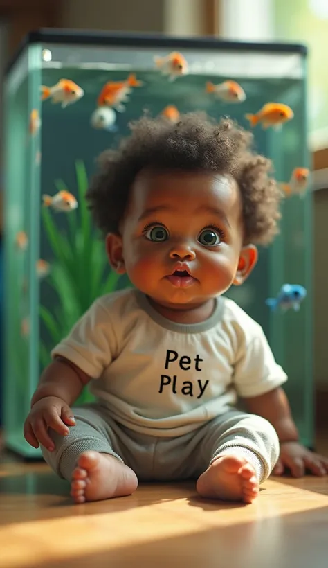 A hyper-realistic image of a dark-skinned baby, with bright, expressive green eyes, wearing an adorable outfit that says Pet Play. The baby is sitting on the floor, curious and enchanted, playing in front of an aquarium full of small, colorful and cute fis...