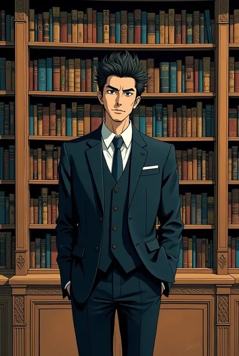  Man in suit standing in library, Hideaki Anno  anime, Hideaki Anno , Hideki Anno ,  Inspired by Yasushi Sugiyama ,  Kentaro Miura art ,  Kentaro Miura manga style,  Kentaro Miura art  style, Kirill Rolando and m. sh Kaluta, Kirill Rolando and m.sh Kaluta