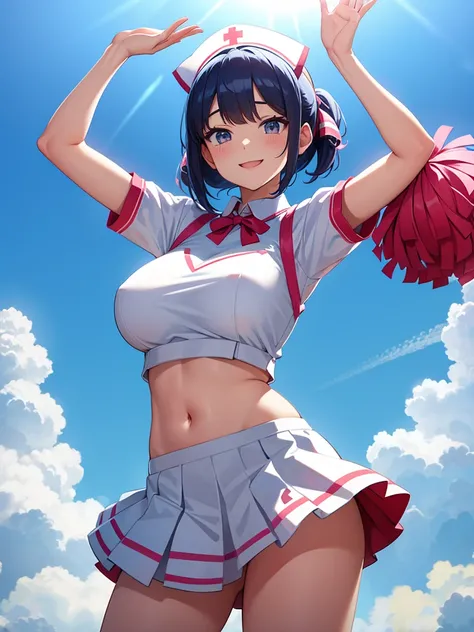  wears a nurse cap on her head 、露出の多いシースルーのメイド服を着た、 A scene where a beautiful female cheerleader with long limbs, a slender physique, but very huge breasts, cheers cheerfully。Sexy 。Bright blue sky spreads out in the background、 the cheerleader jumps while ...