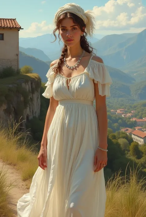 (8k,  best quality) tableau dans le style impressionniste. Young Italian woman around 1800 , fine et élancée,  white dress with round neck , up to mid-leg ,  Greek drape and silver jewelry ,  fringed scarf tied on her head (((whole body))),  silver jewelry...