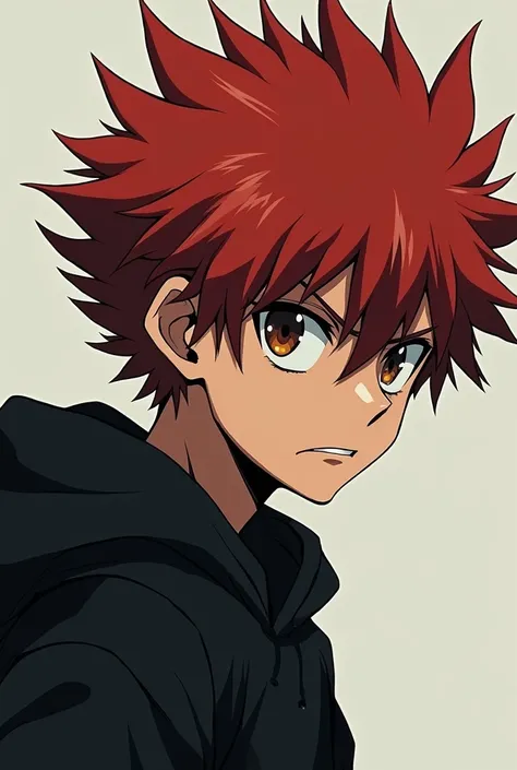 Anime, red hair ,spiky hair, sad eyes, side eye ,angry, black hoodie