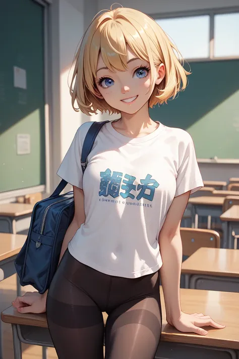 cute, anime, blonde, short hair, leggings, t-shirt, school, blue eyes, smiling, student