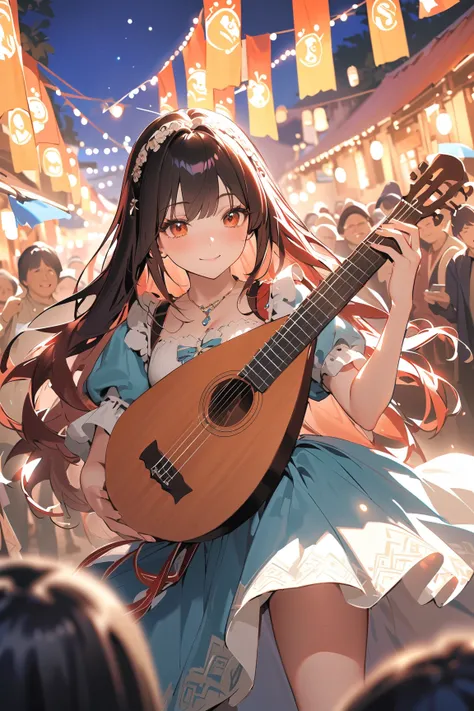 1 girl, (confident face), young adult, wavy long hair, (dressed in a bards vibrant outfit), medium breasts, petite, (playing a lute while passionately singing her beliefs),  
BREAK  
town square filled with villagers, colorful banners hanging, (captivating...