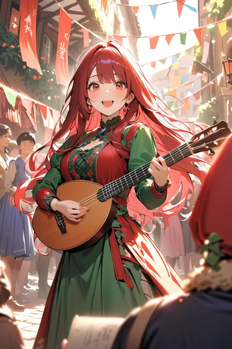 1 girl, (confident face), young adult, wavy long hair, (dressed in a bards vibrant outfit), medium breasts, petite, (playing a lute while passionately singing her beliefs),  
BREAK  
town square filled with villagers, colorful banners hanging, (captivating...