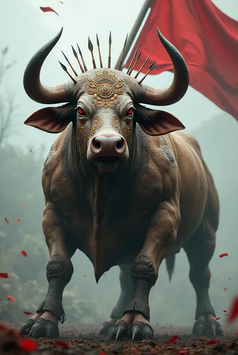 make a picture of a bull with Balinese nuance ornaments, has a sturdy body, sharp red eyes and eyeballs, a white mouth, hundreds of arrows stuck in it, with a foggy background and a red and white flag