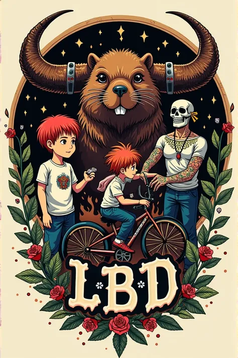  Isototype of the brand  "LBD "   which is circular and includes a beaver in the same isologue, some horns,  a severed tongue ,  a red-haired boy , A  on a bicycle ,  a Chinese dark tea , A DJ ,  tattoos and dice ,  dollars and bottles of alcohol .