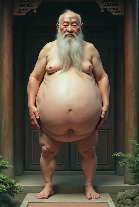 (hyperrealistic), Chinese old man beard white super thin super large Belly pregnant with Belly touch naked chinese pavilion