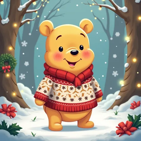 crea clipart personaggio winnie the pooh in stile kawaii-cartoon, in modalità natalizia