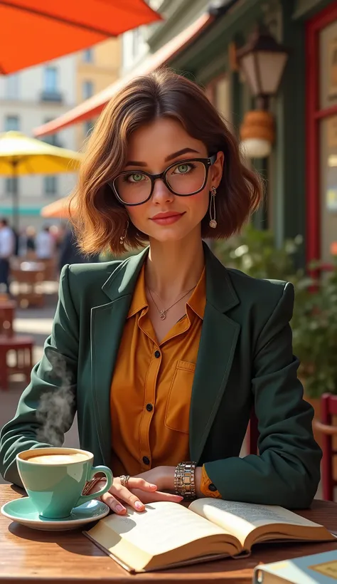 Create a photorealistic portrait of Élodie Moreau, a 28-year-old Caucasian female librarian in Lyon, France. She has a slender build, standing at 56", with a chic bob haircut in a rich chestnut color. Her bright green eyes sparkle with enthusiasm, and she ...