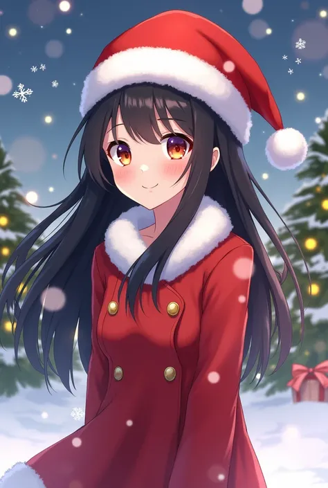 Anime girl with black hair and a Christmas hat 