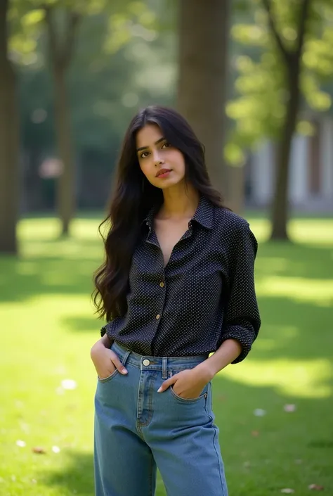 a beautiful pakistani girl of 18 age in a college lawn wearing a shirt which is black and white baggy jeans