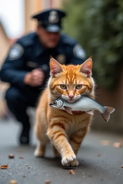 The cat is running, but suddenly a police officer spots it and catches it. The cat looks shocked and guilty, with the fish still in its mouth, while the officer handcuffs the cats paws. "A police officer catching the orange chubby cat, who looks shocked wh...