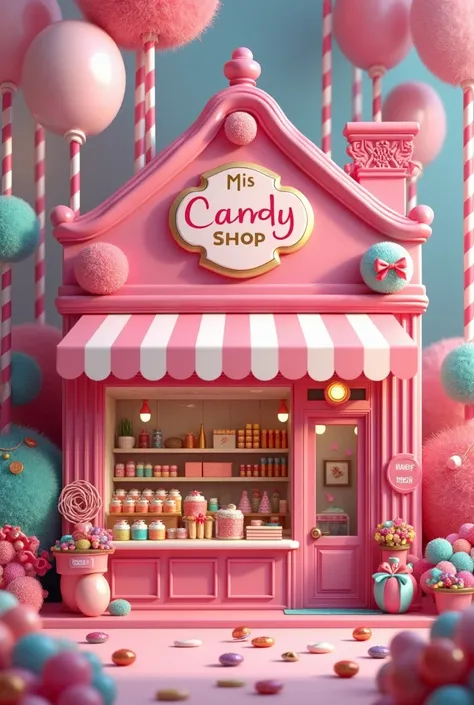 Make me an attractive 4k high quality realistic poster, about MIS CANDY SHOP,with relevant images ,and aslogan,icecream,beautiful,bright,with different candies on the background,not 3d