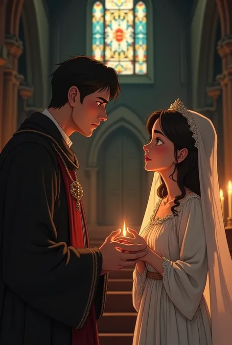 Create an animated image of Padre Damaso confronting Maria Clara while Maria Clara cries silently, holding Ibarras locket inside the Church. 