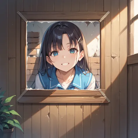 score_9, score_8_up, score_7_up, source_anime, masterpiece, best quality, highly detailed, BREAK wooden wall, crack in wall, hole in wall, girl is peeking from crack, girl is looking at viewer