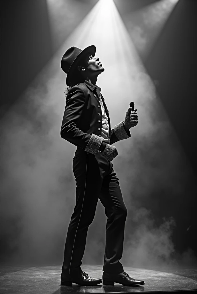 "A black and white iconic image of Michael Jackson standing on a stage in a dramatic pose. He is looking upwards towards the light, holding a microphone in one hand while wearing his signature fedora hat and sparkling glove. The stage is illuminated by a s...