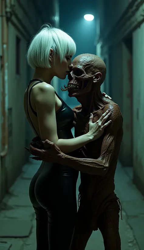 A mysterious woman ,  with a tight latex suit and short hair dyed white ,  embraces a creepy monster in a dark alley .  The monster has a broken jaw full of crooked teeth ,  skin covered with sores and long fingers with sharp nails .  Despite its appearanc...