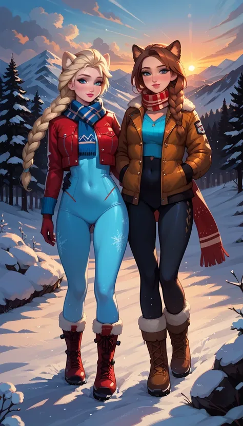 score_9, score_8_up, score_7_up, 2girls, duo, human, very sexy (Elsa, blonde, braid:1.2), and very sexy (Anna, brown hair, braided pigtails:1.3), wearing (ski outfits, gloves, scarves, tight, puffer jackets, snow boots:1.3), filled lips, thick lips, standi...