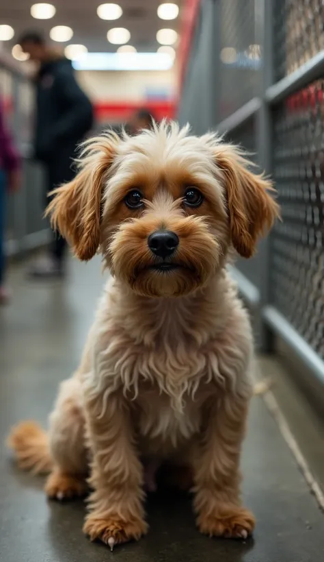 A hyper-realistic image of a small, clumsy dog ​​at an adoption fair, sitting alone in his playpen. He has messy fur, some spots and ears that hang asymmetrically, with a sad and hopeful look. Meanwhile, in the background, other people interact and adopt p...