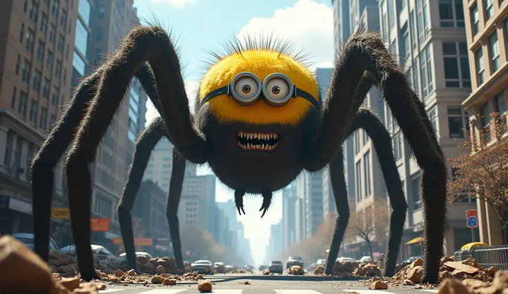 A gaint spider minion having yellow minion head having two eyes destroying city at street