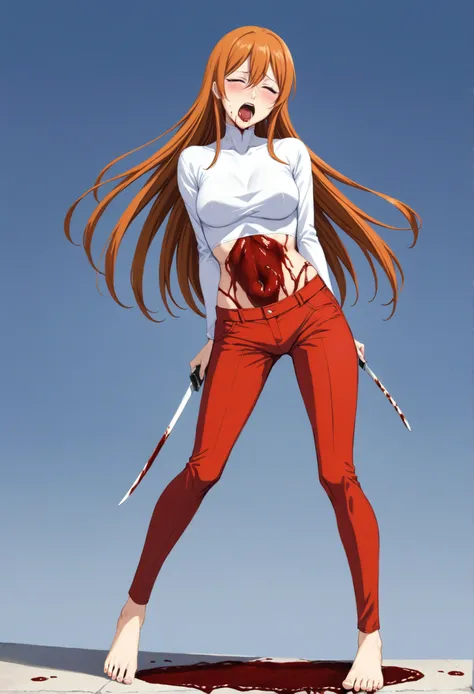 Orihime Inoue from Bleach had her neck sliced open with a kinfe she is coughing blood from her mouth and she is in great pain her outfit is made from a crop top a short pair of pants bare legs and bare feet  we can see her feet moving around as she tries t...