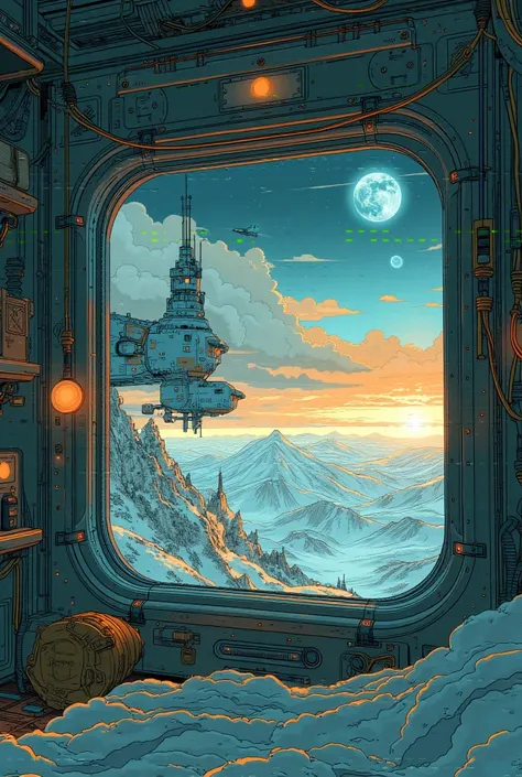 A long perspective view from a small space cabin with a window, at foreground the large spacestation where the cabin is , then further we see many other space station where spaceships are docked and a portion of earth is visible, then in far background the...