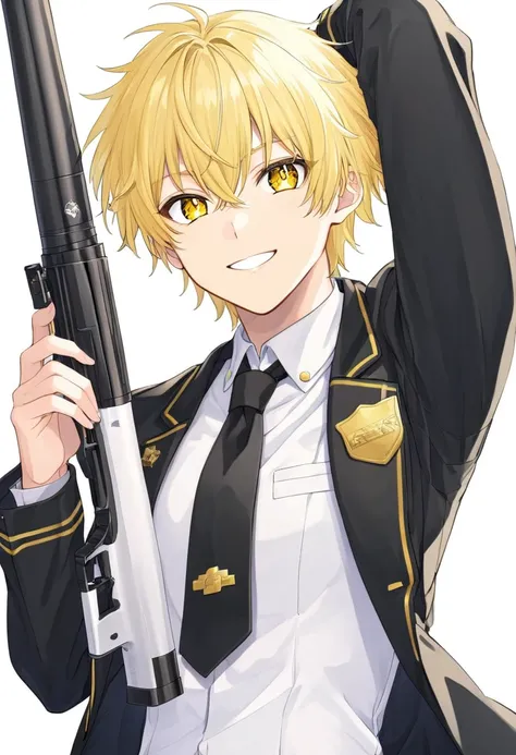 (( white background ))、（ very detailed bust）、（Crisp quality:）、tall blond man、 High School Student Uniforms、gakuran、 bright 、smile、star-shaped pupils、tachi-e、Black school run、 black pants、Alone、 Im wearing a 、rifle
