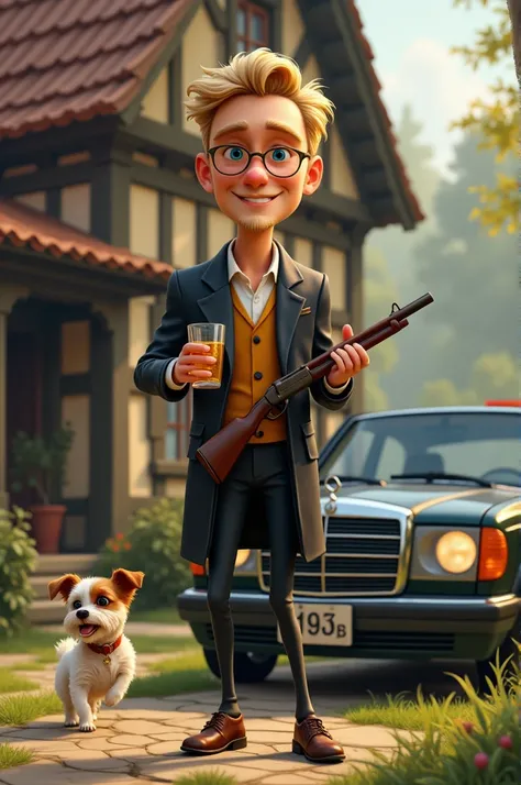 Charming nice 20 year old elegant blonde with beard with round gold-rimmed glasses. W jednej ręce trzyma strzelbę a w drugiej whisky. Dom z muru pruskiego i czarny  Mercedes w124. pies jack russell terier. Cartoon fairy tale style picture  