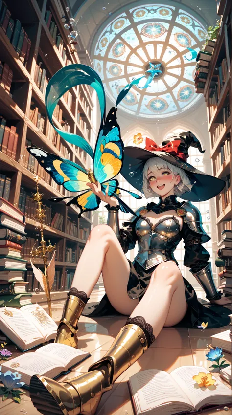  8k resolution， giant，knight，Flower pupils ，Getting drunk，Aho，Ribbon，magic leather armor， Witch Uniform， Magic Lace Socks ， Yellow Metallic Boots，Hands on the floor， Floating Magic Book ，Dragonfly ，library，Magic Vortex， Underwater Method 