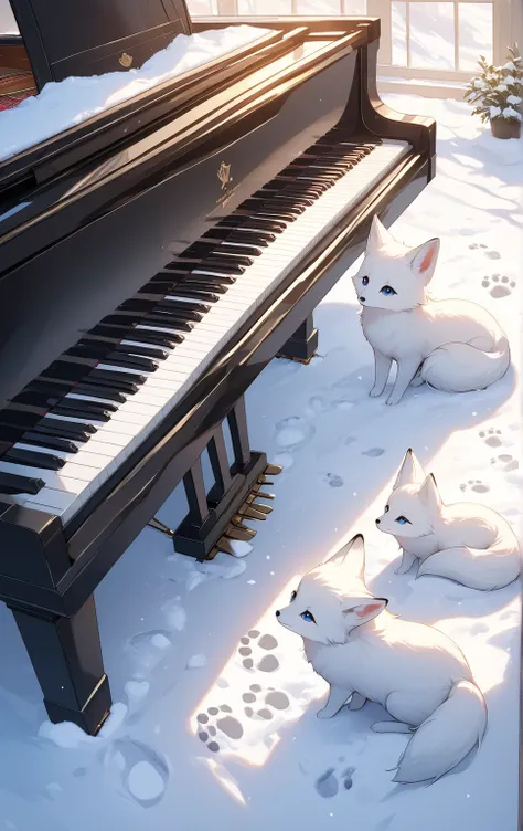   masterpiece  ，  top quality，   next to the piano is high resolution ，8ｋ， Footprints of snow，Its a white baby fox，cute,