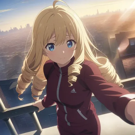 ultra-detailed, detailed face, a girl, blonde, Long Hair, Drill Hair, Ahoge, blue eyes, slant eyes, narrow eyes, maroon sportswear, maroon sportswear long pants, Black platform boots, hopeful, lonely, standing, reaching, City view from the rooftop backgrou...