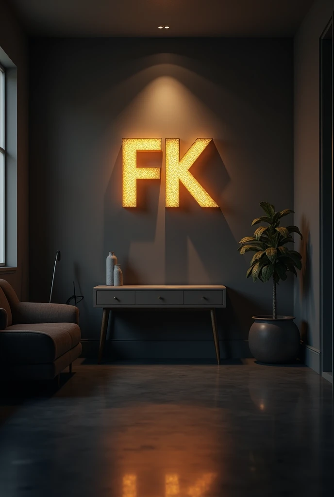 small 3d gold logo "FK" on wall with lighting cinematic on the room aestetic