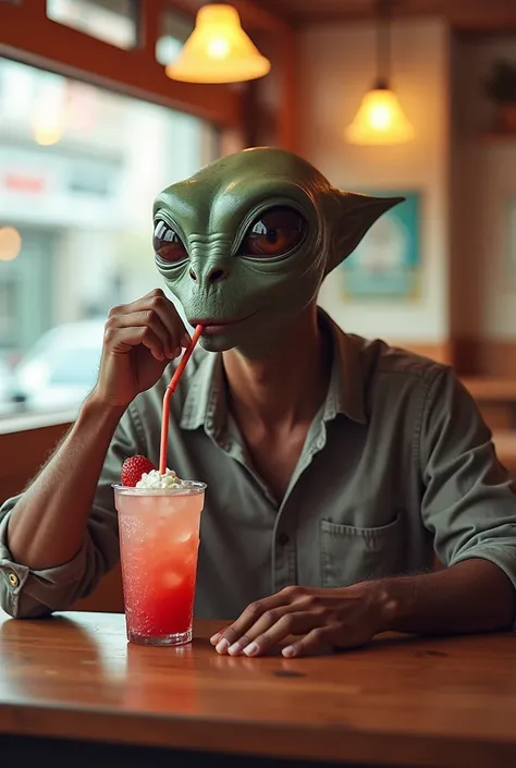 there is a man sitting at a table eating a drink, a picture by John Luke, pexels, realism, drinking a strawberry iced latte, eating ice - cream, eating ice cream, eating, with a drink, an alien drinking horchata, drinking boba tea, drinking cocktail, with ...