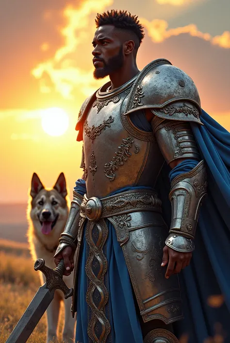 A black man in silver armor, blue clothes, sword in his hand and a big dog in the back and a shining sun in the back.