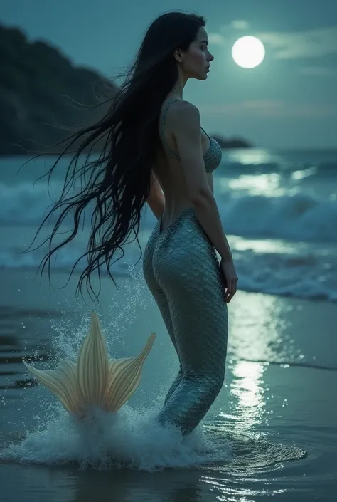 A mermaid with black silky hair at the beach in the night is shedding its tail into human legs
