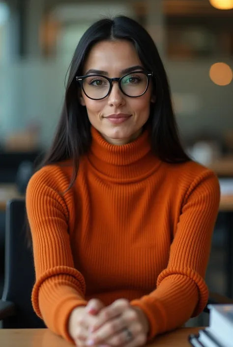  cinematographic photo of the full body of a realistic brunette , with straight black hair and dark eyes ,  43-year-old Spanish lawyer wearing black-rimmed glasses dressed in a sparse orange turtleneck sweater and a red thong, sexy,  sneakers . fotografía ...