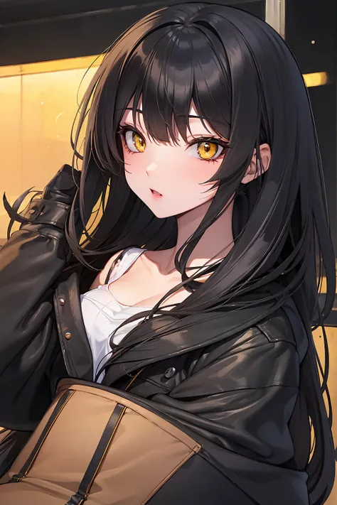 Girl, Black long hair, overgrown bangs, yellow eyes, sharp eyesight, dark leather coat