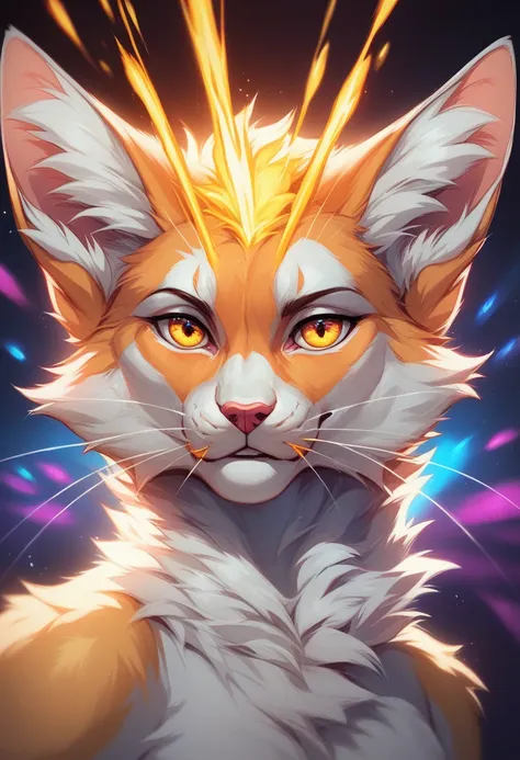 A stunning, vibrant digital art of a cat, depicted in a detailed and realistic style. The cat’s fur is a mesmerizing combination of bright and vivid colors including shades of blue, red, orange, pink, and yellow, resembling an explosion of colorful paint s...