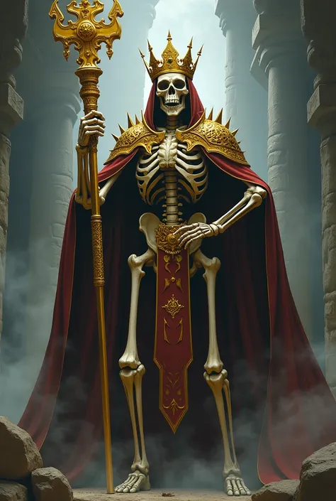 King gold skeleton holding a staff made of gold face view