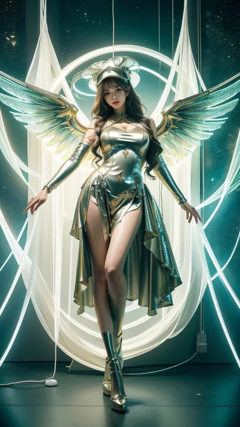 cyborg, girl, Beautiful girl, cute big breasts, sexy for, strong, Elongated, Exquisite, ssmile, (Lolita costume), high legs, metallic, ultra color, paisley, Hats, datura, near future, a paradise, angelicales, merit, Wings, Helix lamp