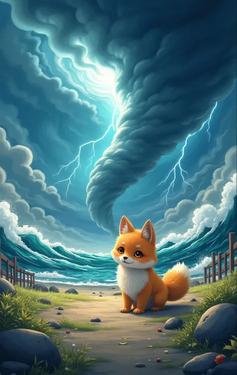 masterpiece:1.2，The wind is swirling in the background 、 illustration of how it turns into a tornado with lightning,  and the storm is approaching ，  Details，((Ryumaki Arashi:1.3))，   high definition  ，  top quality ，  cute little character 、Baby kitsune， ...