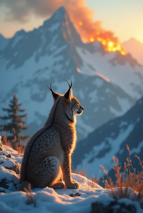 The lynx in the mountains is horrified by the sight of the fire